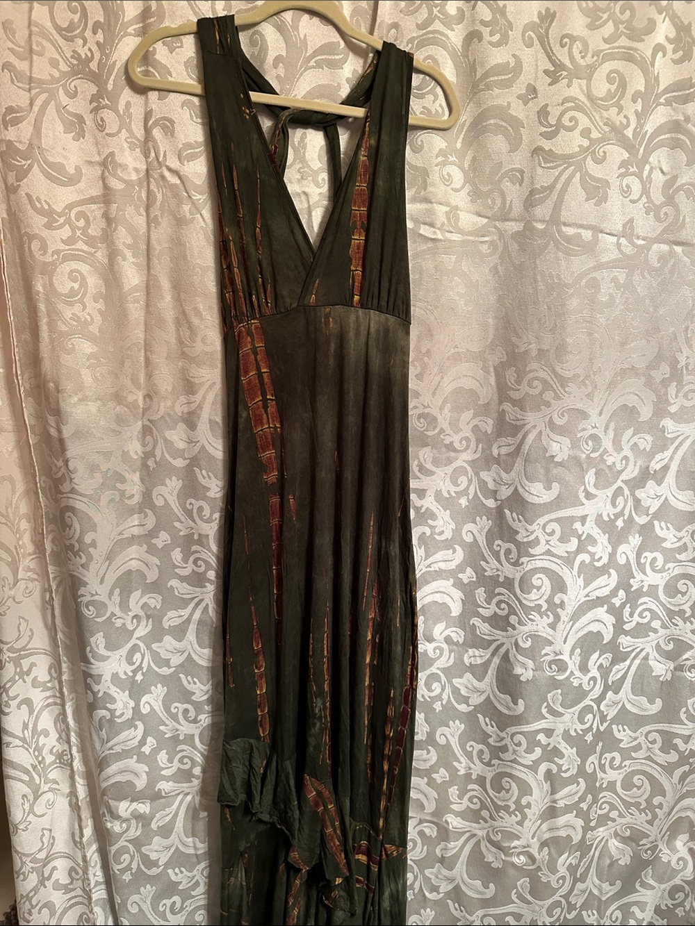 V-Neck Olive Maxi Dress with Rust Stripe Detail